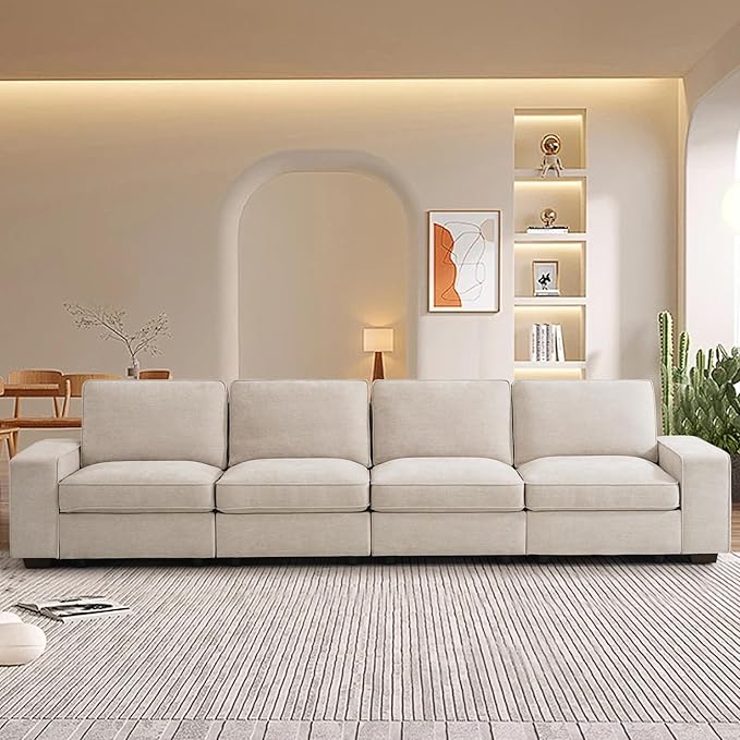 TEKAMON 128" Modular Sofa Couch with Large Seats Storage, Chenille Sofa,Modern Comfy 4-Seater Couch for Living Room, Office, Deep Seat, Wide Armrest, Side Pockets, USB Port, Removable Covers, Beige