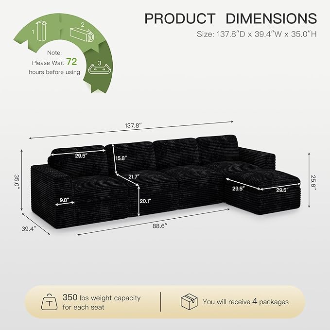 Boneless Sectional Cloud Couch with Deep Seat Plush Corduroy Modular Sectional Sofa Convertible L Shaped Couches for Living Room. Black Sofa.