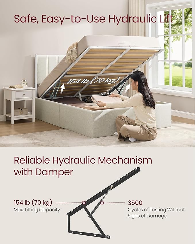 VASAGLE Lift Up Storage Bed Frame Full Size, Hydraulic Platform Bed, with Upholstered Headboard, 1100 lb Weight Capacity, No Box Spring Needed, Easy Assembly, Modern, Cappuccino Beige URMB602W01V1