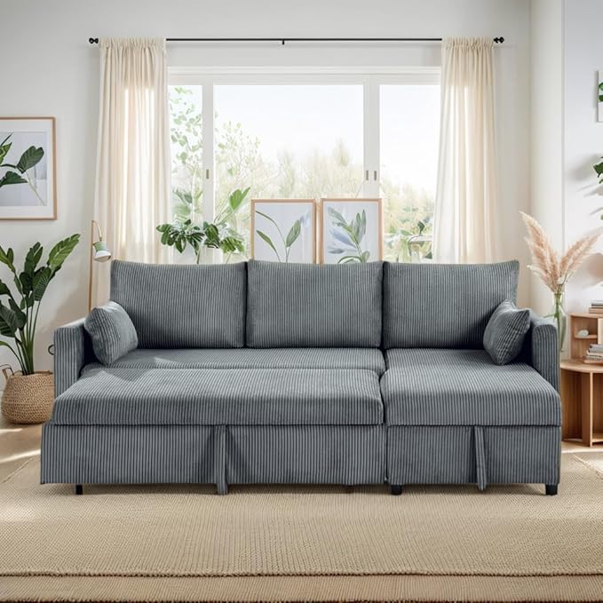 Sectional Sleeper Sofa with Pull Out Bed, LShape Convertible Sofa Bed Couch with Storage Chaise, 3 in 1 Pull Out Sofa Bed with 3 Seats, for Living Room,Apartment, Gray, 85Inch