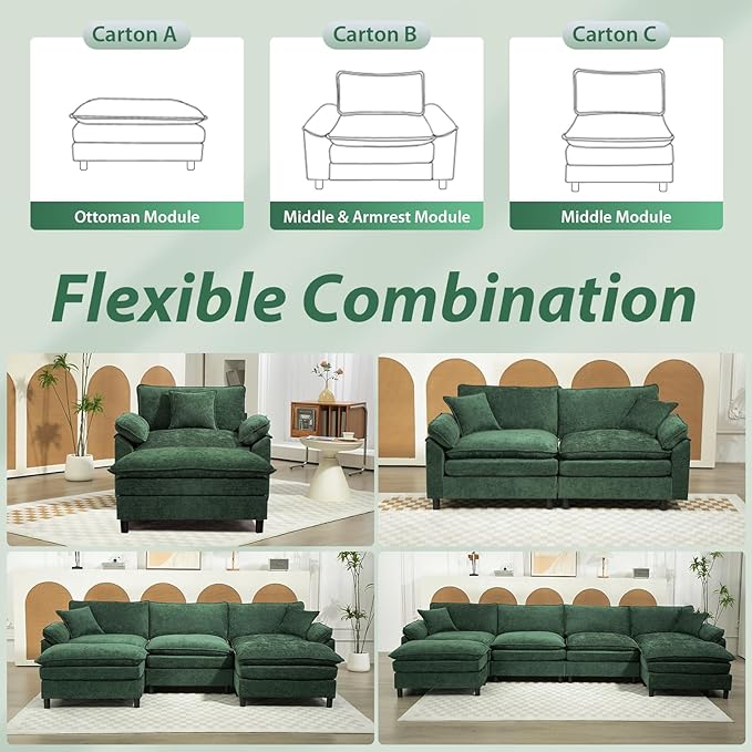 Oversized Modular Sectional Sofa, 111.8 Inch U Shaped Cloud Couch Set, 3-Seat Comfy Convertible Sofa with 2 Movable Ottoman, DIY Combination Sleeper Couch for Living Room(Chenille, Green)