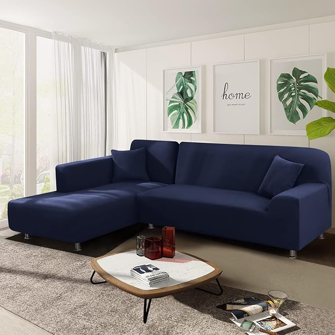 NAISI Couch Cover L Shape 2 Pieces Sofa Cover Soft Stretch Slipcovers with 2pcs Pillowcases Furniture Protector Sectional Couch Covers 3 Seater + 3 Seater(Navy)
