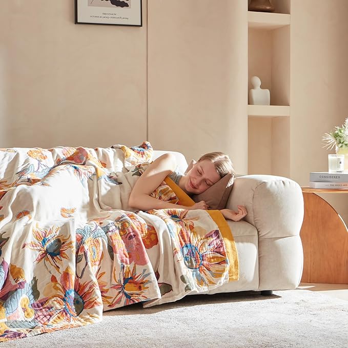 King Throw Blanket for Bed 100% Cotton Boho Soft Rustic Quilt Butterfly and Floral Double Embroidery Breathable Spring Bed Blanket,90"x108" All Season Blankets for Bedding Couch Home Decor
