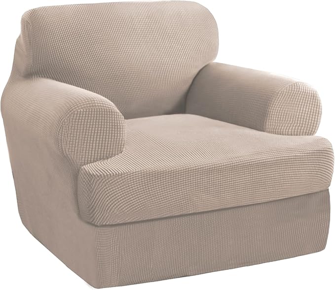 PrinceDeco 2 Pieces Armchair Slipcover Stretch Couch Covers for T Cushion Chair Slipcovers Soft Arm Chiar Cover Furniture Covers with 1 Individual T Shape Seat Covers Width Up to 40", Sand