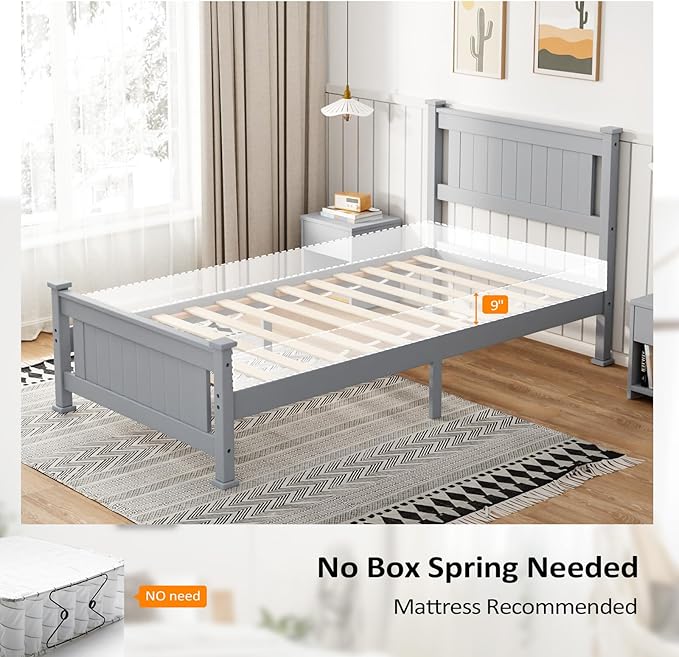 VINGLI Twin Bed Frame Solid Wood Platform Single Bed with Headboard, No Box Spring Needed Panel Bed, Wood Slat Support Mattress Foundation, Gray