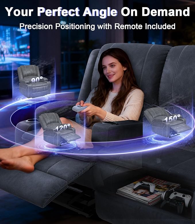 Power Loveseat Recliner Sofa, Removable Armrest 3 Seats Power Reclining Loveseat with Remote Liftable Console, Wall Hugger RV Theater Seating with Storage & USB & RGB (Velvet, Grey)