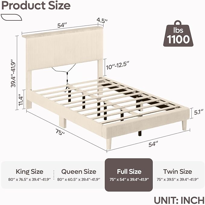 Bestier Full Bed Frame with Adjustable Headboard & LED Lighting, Corduroy Upholstered Platform Bed Frame with Storage Shelf, Solid Wood Slats, No Box Spring Needed, Never Squeak, Easy Assembly, Beige