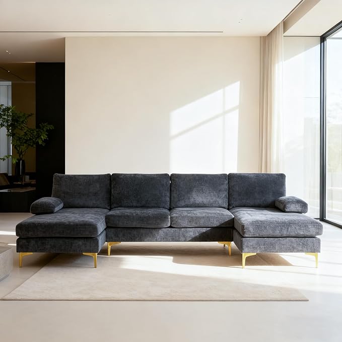 Karl home Convertible Sectional Sofa 110" U-Shape Sofa Couch 4-Seat Couch with Chaise ChenilleFabric Upholstered for Living Room, Apartment, Office, Black