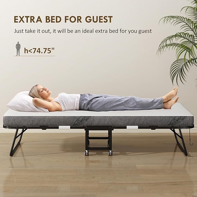 HOMCOM Folding Bed with Mattress for Adults, Long Twin Size, Portable Foldable Bed with 4" Foam Mattress & Space-Saving Steel Frame, 79" x 35", Fold Up, Roll Away & Hideaway, White