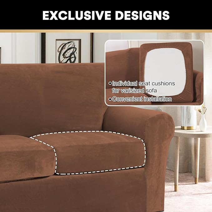 PrinceDeco Velvet Plush Couch Cover Stretch 2 Piece Chair Cover Chair Slipcover Washable Furniture Protector Couch Soft with Elastic Bottom Armchair Cover Width Up to 49 Inch(Small, Caramel)