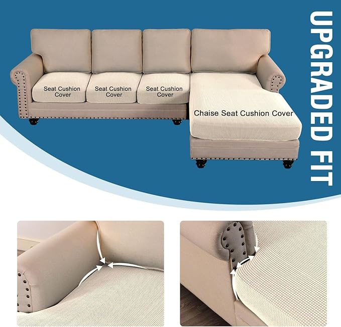 H.VERSAILTEX Sectional Couch Covers 4 Pieces Sofa Seat Cushion Covers L Shape Separate Cushion Couch Chaise Cover for Both Left/Right Sectional Couch (Seat Only: 1 Chaise + 3 Sofa, Cream)