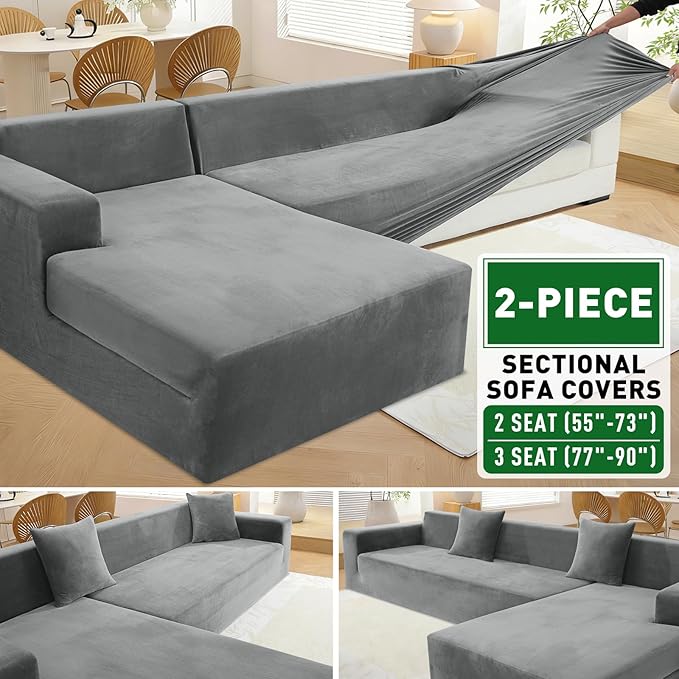 ZNSAYOTX 2026 Soft Velvet Sectional Couch Covers, Luxury Plush Slipcovers with Elastic Bottom for L Shape Sectional Sofa, 2 Pcs Pet Friendly Protector (3 Seat Couch + 2 Seat Chaise, Grey)