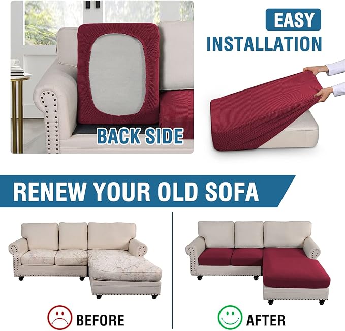 H.VERSAILTEX Sectional Couch Covers 3 Pieces Sofa Seat Cushion Covers L Shape Separate Cushion Couch Chaise Cover for Both Left/Right Sectional Couch (Seat Only: 1 Chaise + 2 Sofa, Burgundy)