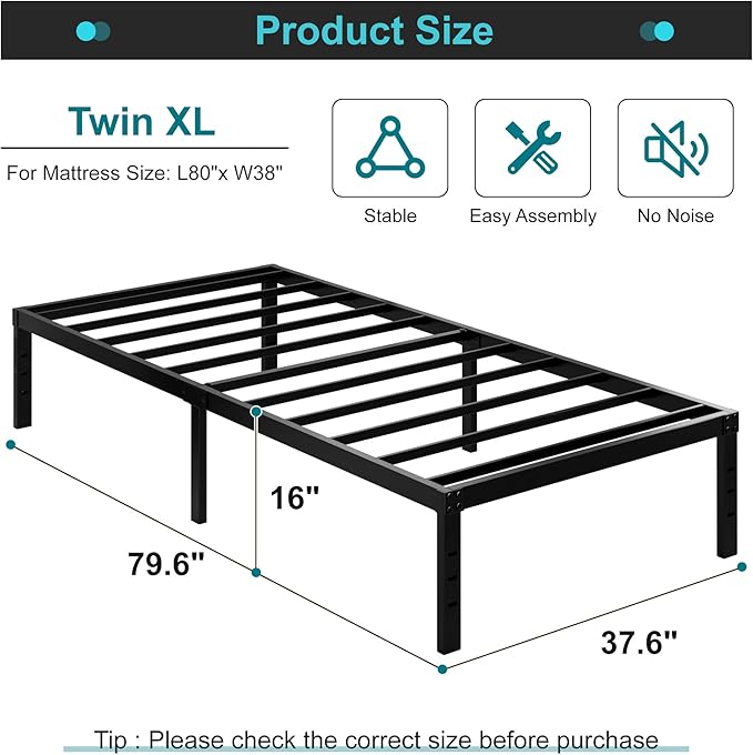 Maenizi 16 Inch Metal Twin XL Platform Bed Frame Support Up to 2500 lbs, No Box Spring Needed, Easy Assembly, Noise Free, Black