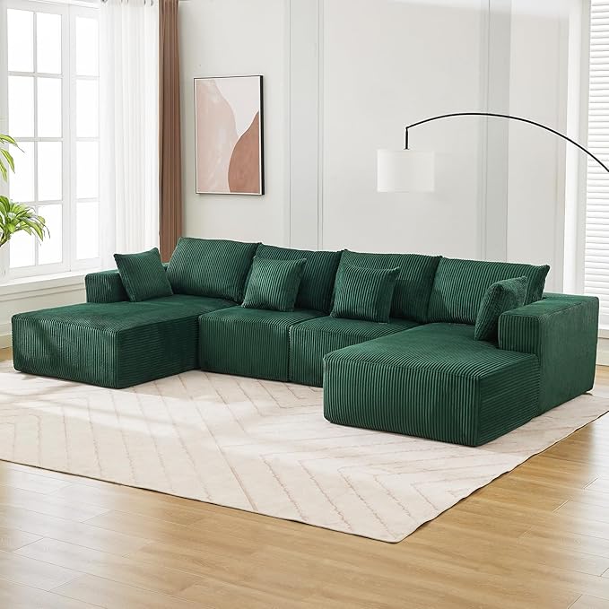 Sectional Cloud Boneless Couch 137" Modern Comfy U-Shaped No Assembly Required Convertible Compression Sleeper Modular Sofa with Corduroy Fabric Deep Seat Single + Chaise for Living Room