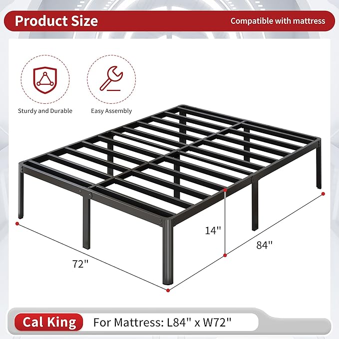 Yicensen 14 Inch California King Bed Frames No Box Spring Needed, Heavy Duty Cal King Metal Platform Bed Frame with Rounded Corner Legs, Easy Assembly, Noise Free, Black