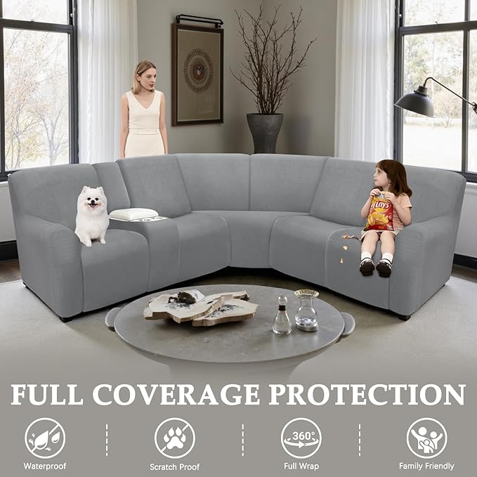 Waterproof Reclining Sectional Couch Covers Washable L Shaped Couch Cover for Sectionals Recliner Sofa Covers Stretch Corner Recliner Slipcovers(5 Seater 1 Console Cover, Light Gray)