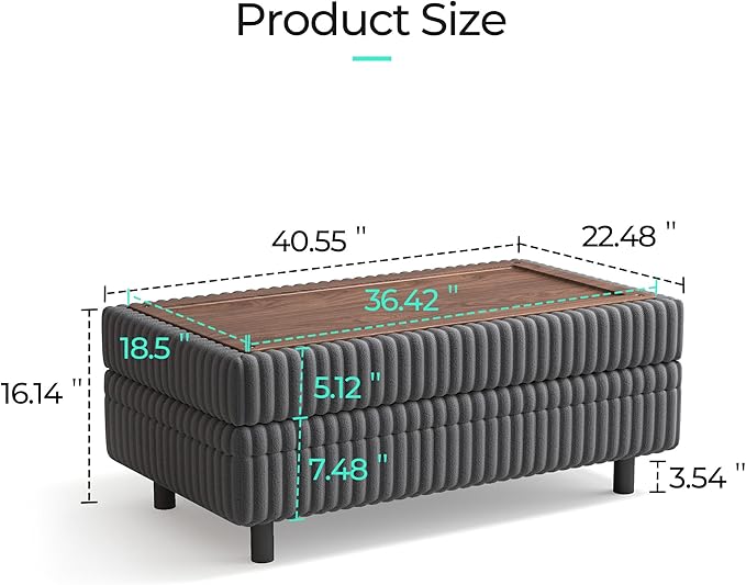 LINSY HOME Sectional Sleeper Sofa - Modular Ottoman Module (Grey, Sleeper Sofa Ottoman) | Storage, Convertible, Coffee Table, Plush Corduroy