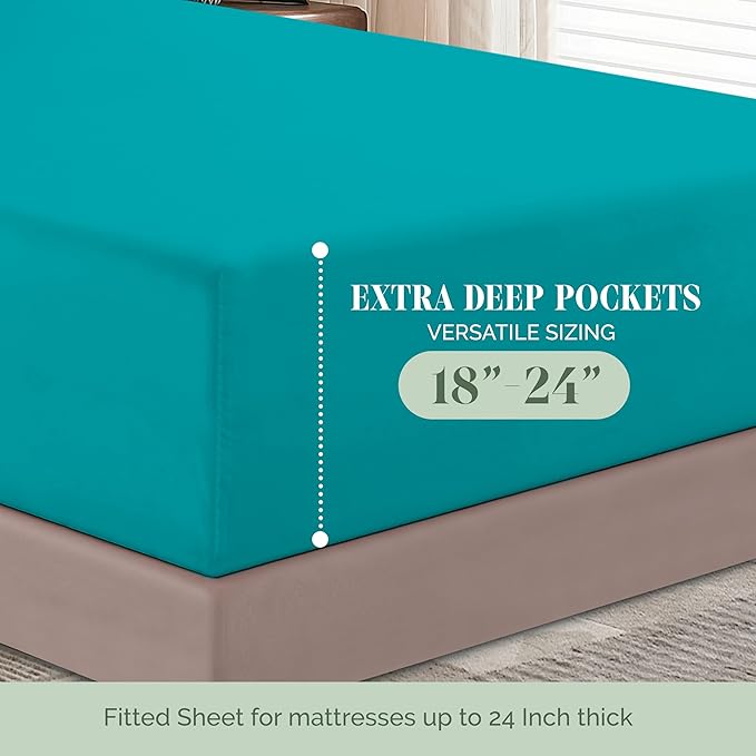 Elegant Comfort 1500 Premium Hotel Quality 18-24 Inches Deep - Extra Deep Pocket Single Fitted Sheet for High Mattress, Luxury and Softest, Smart Pocket - Wrinkle Free, California King, Turquoise