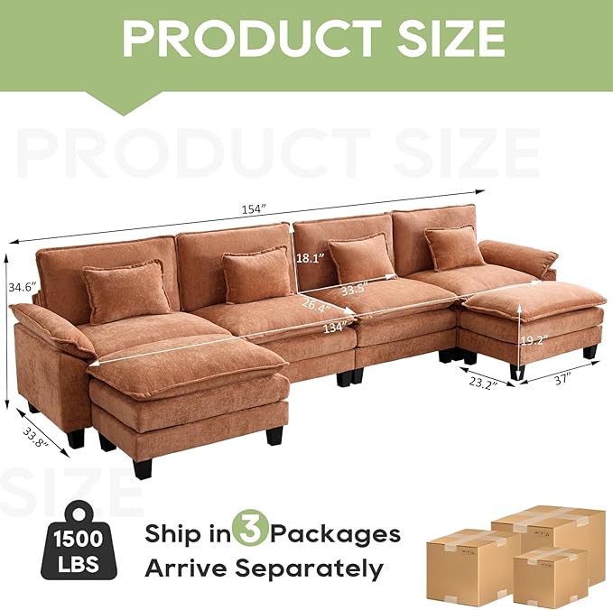 154" Modular Sectional Sofa, Comfy Cloud Couch Sectional Sofa with Ottoman, Chenille Sofa Sleeper Deep Seat Sofa with Throw Pillows for Living Room (Orange, 154"- U Shape)