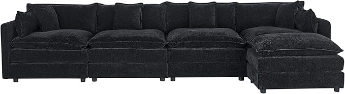 Setawix Deep 4 Seater Couch with Ottoman,147.22" L-Shaped Cloud Couches for Living Room,Chenille Cloud Sofa Couch with Deep Seat,Modular Sectional L Shape 4 Seat Sofa for Bedroom (Black, 4+1)