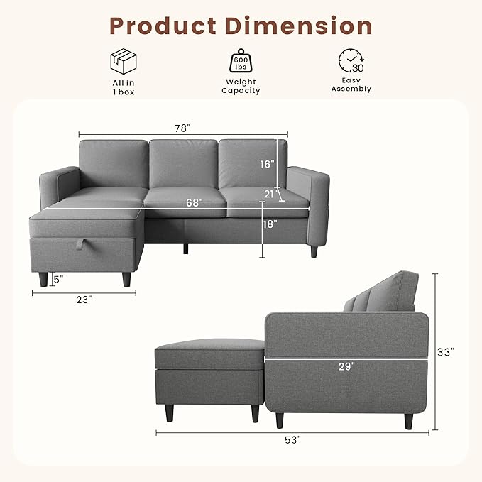 Sectional Sofa and Couches for Living Room - 78''L Shaped Light Gray Linen Couch-Pet Friendly Modular 3-Seater Convertible Sofas-Washable Covers-Suitable for The Living Room, Apartment or Bedroom