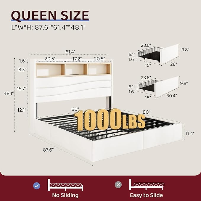 BRELTAM Queen Size Bed Frame with 6 Storage Drawers, Linen Upholstered Platform Bed with Charging Station,2-Tier Wave-Shaped Headboard Design,No Box Spring Needed,Easy Assembly,White