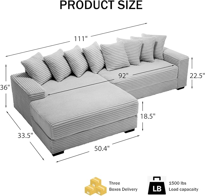 111 Inch Cloud Sectional Couches for Living Room | L-Shaped Sectional Couch with 8 Pillows | Corduroy Couch with Deep Seat | Solid Wood Frame Sofa Light Grey (Left Facing Chaise)