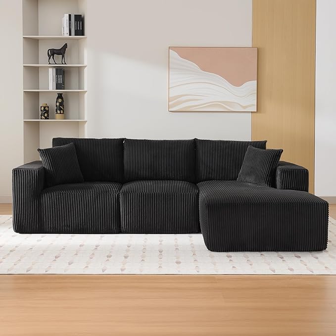 Sectional Cloud Boneless Couch 108" Modern Comfy L-Shape No Assembly Required Convertible Compression Sleeper Modular Sofa with Corduroy Fabric Deep Seat Loveseat + Chaise for Living Room