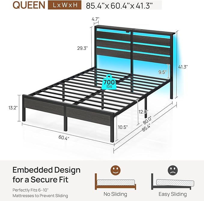 Rolanstar Queen Bed Frame with LED Lights and Charging Station, Wood Storage Headboard and Under Bed Storage, Metal Platform, Noise Free, No Box Spring Needed, Balck Oak