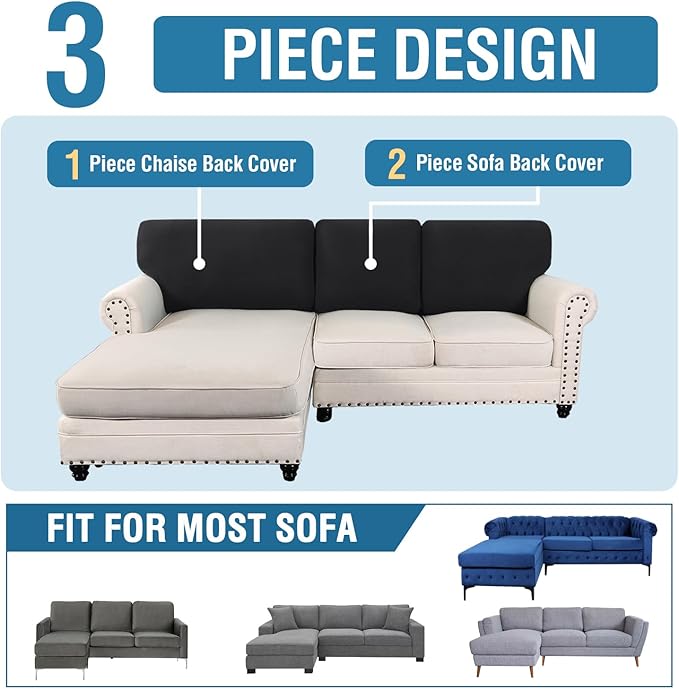 H.VERSAILTEX Backrest Cushion Covers Sectional Couch Back Cushion Covers for Sectional Sofa Set for Both Left/Right Couch (Back Only: 1 Chaise + 2 Sofa, Black)
