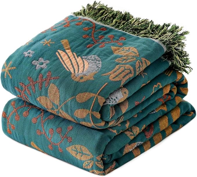 Boho Throw Blanket for Couch 100% Cotton Soft Birds and Floral Double Embroidery Breathable Spring Throw Blankets,50"x60" All Season Reversible Throws for Sofa Chair Livingroom Home Decor