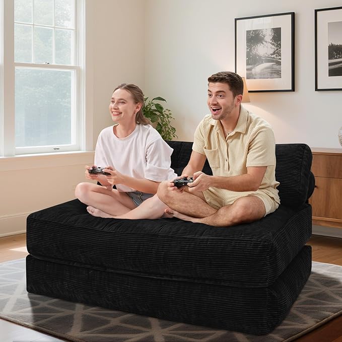 HABUTWAY Folding Sofa Bed, Foldable Floor Sofa Lounge w/Dual-Pillow & Handle, Convertible Sleeper Chair Bed w/Back Support for Living Room, Bedroom, Apartment, Office, Black, Full