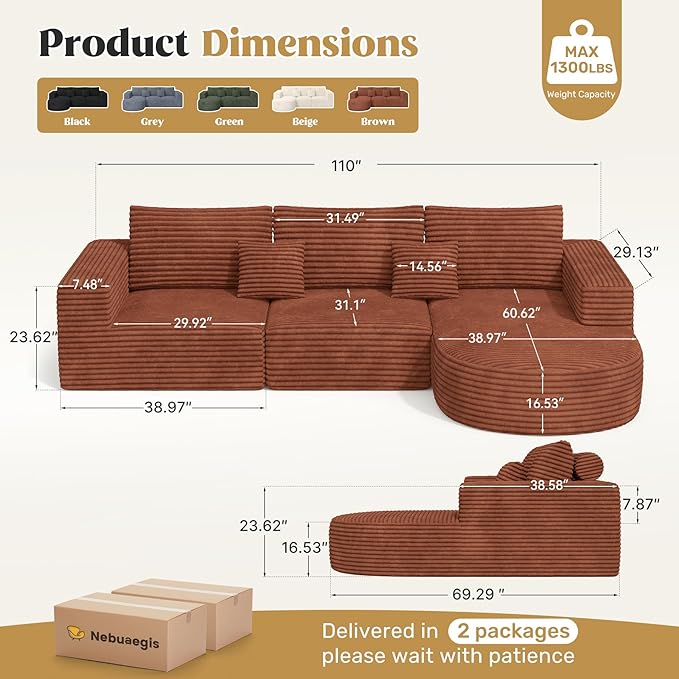 110" Modular Sectional Sofa Couches, Cloud Couches for Living Room, Boneless Sofa with Deep Seat,L-Shape Couch with Chaise,No Assembly Required,Brown,1 PCS