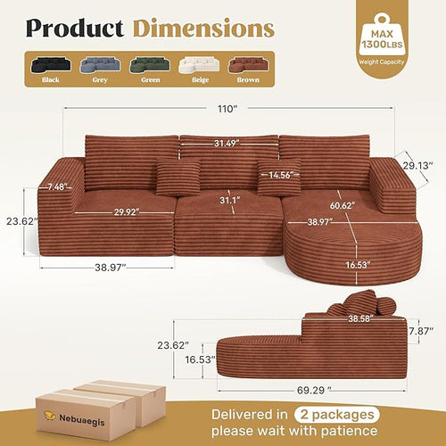 110" Modular Sectional Sofa Couches, Cloud Couches for Living Room, Boneless Sofa with Deep Seat,L-Shape Couch with Chaise,No Assembly Required,Brown,1 PCS