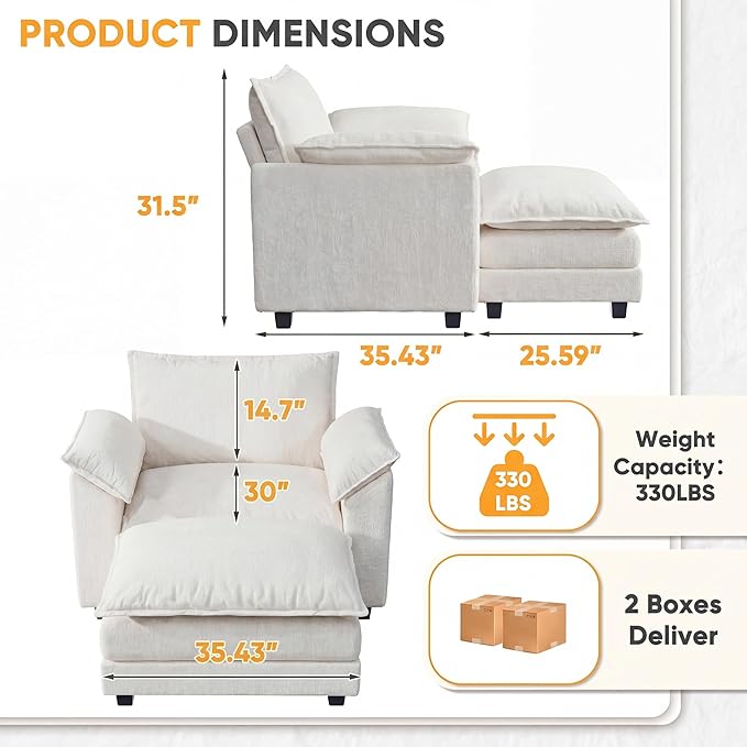 Single Chaise Lounge with 30'' Deep Seat & Movable Ottoman, Reading Chair with Wide Armrest, Chenille Cloud Couch Double Layer Cushion for Living Room, Office, Bedroom (White, Single Sofa Chair)