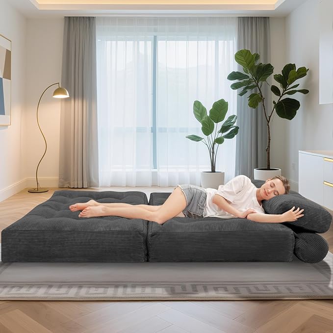 HABUTWAY Folding Sofa Bed, Foldable Floor Sofa Lounge w/Dual-Pillow & Handle, Convertible Sleeper Chair Bed w/Back Support for Living Room, Bedroom, Apartment, Office, Grey, Full