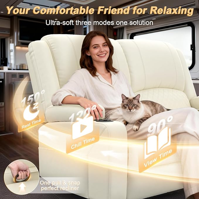 RV Loveseat Recliner Wall Hugger, Manual RV Reclining Loveseat with Removable Armrest, 3X Adjustable Theater Wall Hugger Loveseat Recliners with USB Ports, Cup Holders, Multi-Storage (PU,White)