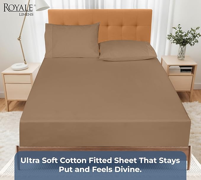 Royale Linens 100% Organic Cotton Fitted Sheet - Percale Weave - Super Soft Deep Pocket Bottom Sheets - Elastic Sheet Twin XL Size - Twin XL Fitted Sheets Only - (39"x80"+15", Chocolate)