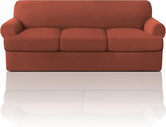 PrinceDeco T Cushion Sofa Slipcover 4 Pieces Sofa Covers for T Cushion Couch Soft Sofa Slip Covers Furniture Protector with 3 Individual T Shape Seat Covers Width Up to 88", Rust