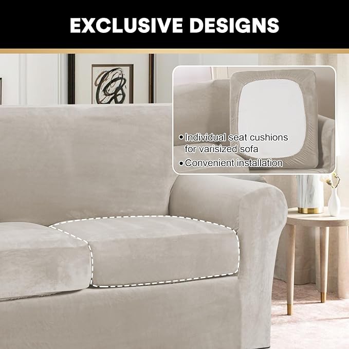 PrinceDeco Velvet Couch Covers for Sofa Soft 4 Pieces Couch Covers for 3 Cushion Couch Sofa Pet Friendly Furniture Protector with Non Slip Elastic Bottom Width Up to 90 Inch(Large, Oatmeal)