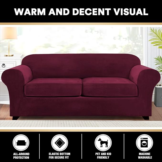 PrinceDeco Couch Cover Velvet Plush Sofa Covers for 2 Cushion Couch Width Up to 90 Inch Washable Furniture Protector Pet Friendly No Slip Sofa Slipcover(Medium-Large, Burgundy)