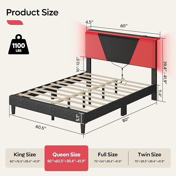 Bestier Gaming Bed Frame Queen Size Black & Red with RGB LED Lights Adjustable PU Leather Headboard Storage Shelf with USB Ports Sturdy PB Construction No Box Spring Needed Modern Industrial Design