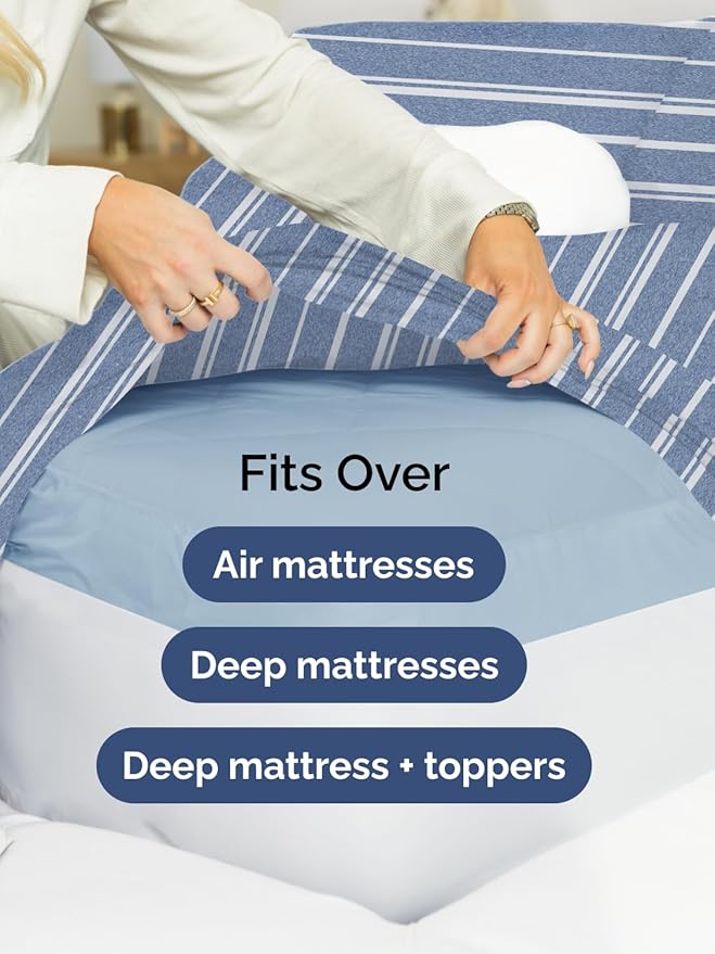 Extra Deep Full Sheet Set - 6 Piece Breathable and Cooling Sheets - Hotel Luxury Bedding for Women, Men, Kids & Teens - Easy & Secure Fit - Soft and Wrinkle Free - Extra Deep Pockets - Blue Stripes