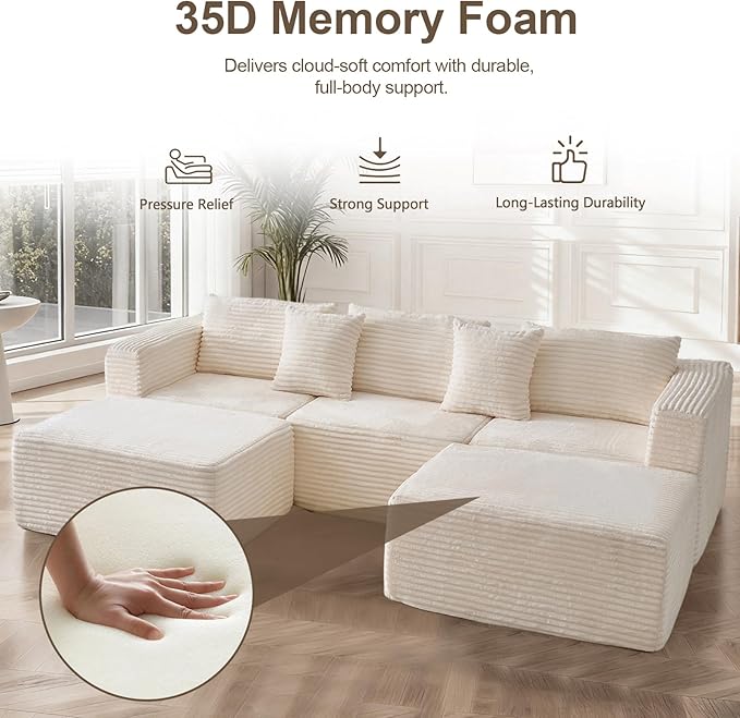 110" Corduroy Boneless Modular Sectional Sofa, Cloud Couch with Memory Foam Deep Seats, U-Shaped Couches for Living Room, Bedroom and Apartment, No Assembly Required, Beige
