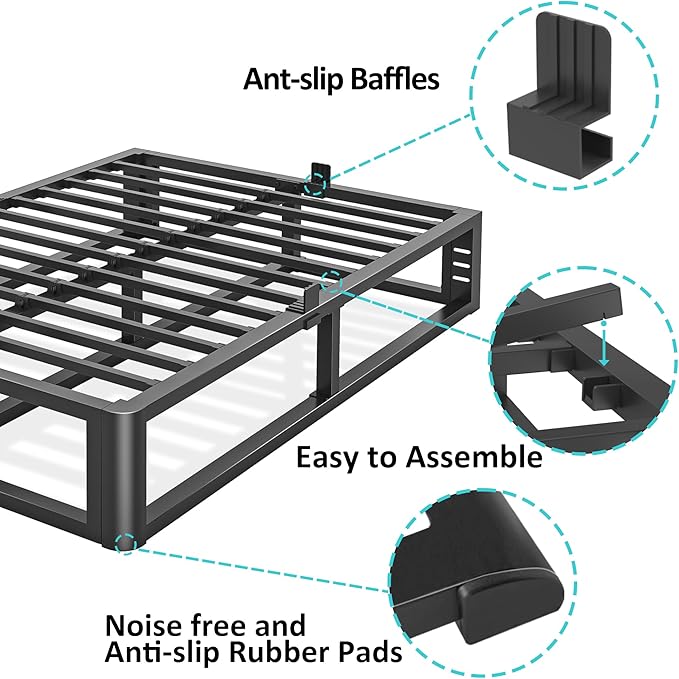Firpeesy Metal Heavy Duty 18 inch Full Bed Frame with Rounded Corner and Headboard Hole Mattress Retainers 3500 LBS No Box Spring Needed Platform Noise Free Easy Assembly