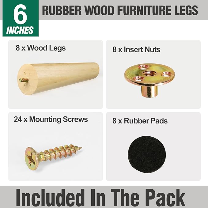 FoDau770 Rubber Wood Furniture Legs 6 Inches, Slant Tapered Wood Feet Mid Century Sofa Legs Set of 8, 5/16" UNC Furniture Feet Replacement Parts for Cabinet Couch Dresser Chair Ottoman Table