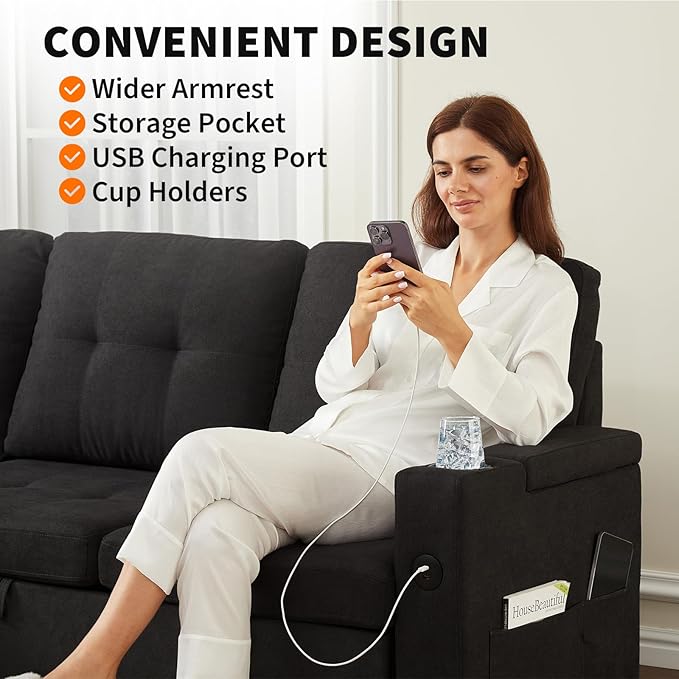 Garvee Couches for Living Room, 84'' Sofa Bed，l-Shaped Sectional Sleeper Sofa with Pull Out Bed，Reversible Storage Chaises， Hidden Storage Armrests，Cup Holders & USB Charging Ports