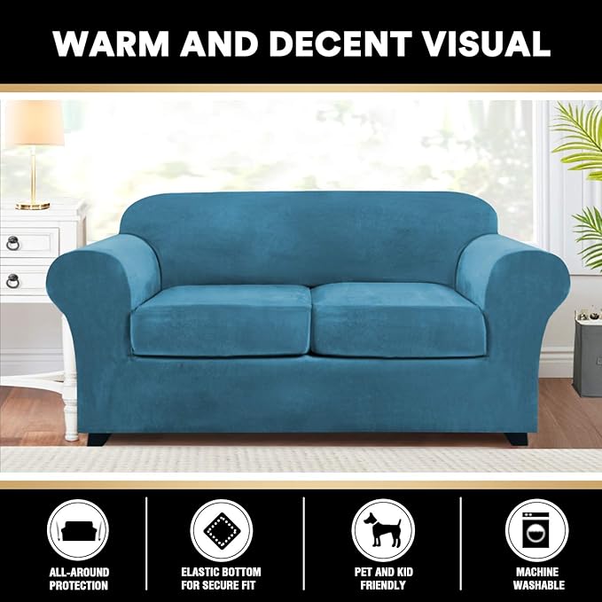 PrinceDeco Velvet Couch Cover Loveseat Covers for 2 Cushion Couch 3 Piece Sofa Covers for Dogs Washable Loveseat Covers Width Up to 72 Inch No Slip Stretch Sofa Slipcover(Medium, Blue)