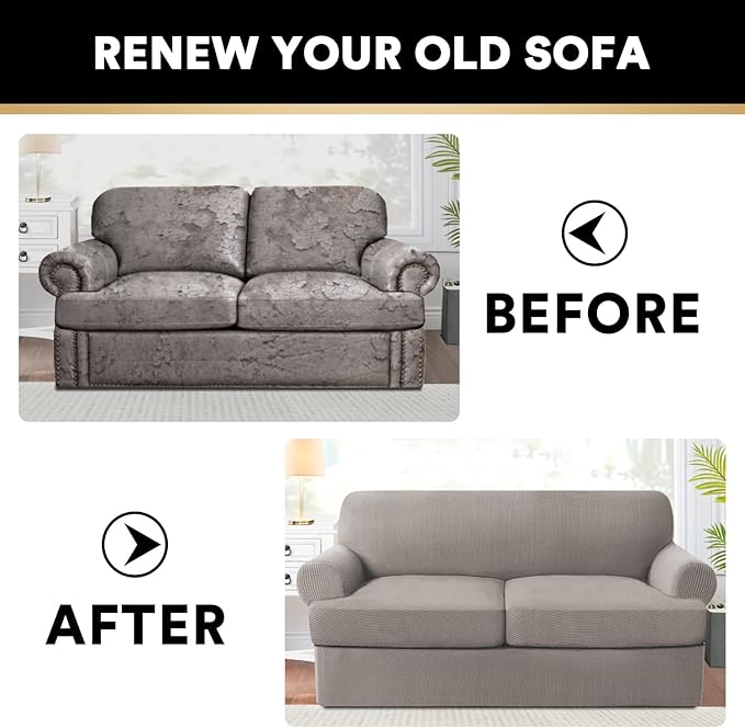 PrinceDeco T Cushion Loveseat Slipcover 3 Pieces Sofa Covers for T Cushion Sofa Stretch Slip Covers for 2 Cushion Couch with 2 Individual T Shape Seat Covers Width Up to 76" -Washable, Taupe